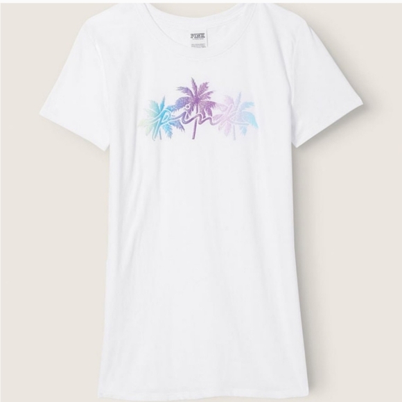 PINK Victoria's Secret palm glitter T-shirt Size Medium - Picture 2 of 8